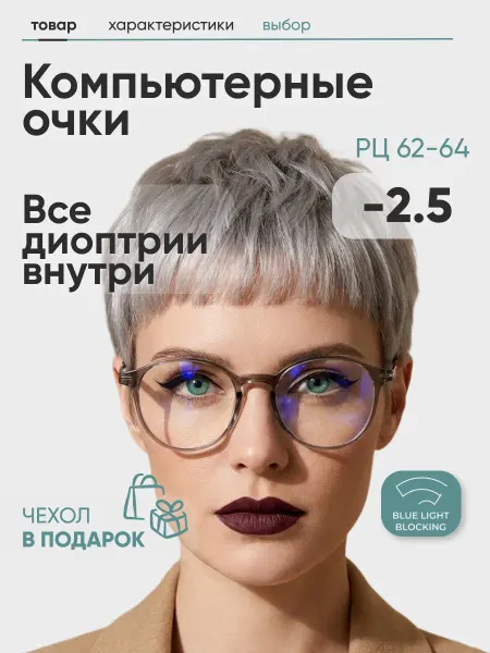 FM Очки для зрения женские круглые -2,5 компьютерные