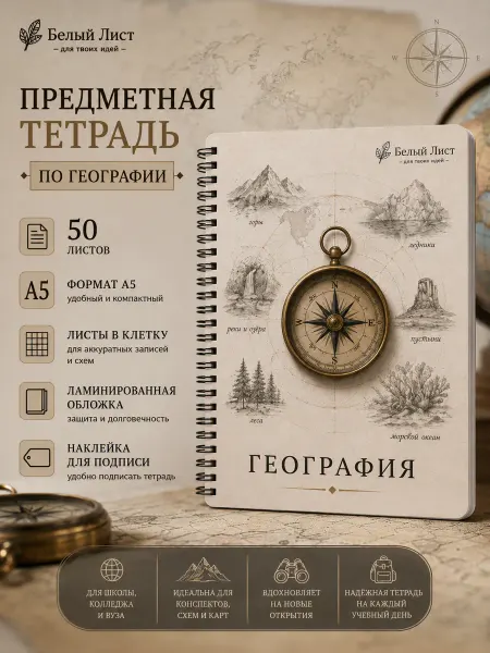 Белый Лист Тетрадь предметная География А5 50 листов в клетку
