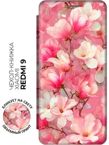 Чехол-книжка на Xiaomi Redmi 9 с принтом "Розовое облако магнолий" золотой