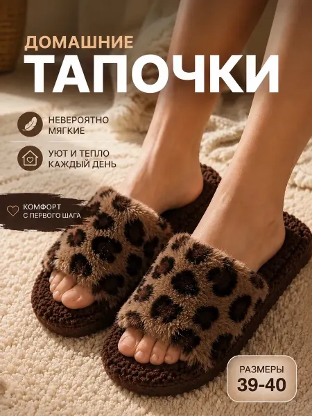 KidUp Comfort Тапочки домашние пушистые открытые Леопардовые