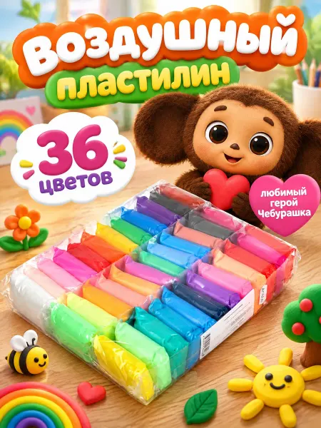 Мульти Арт Воздушный мягкий легкий пластилин Чебурашка 36 цветов