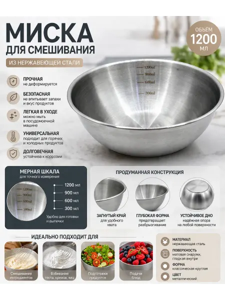 Белла90 Миска для смешивания нержавеющая с мерной шкалой