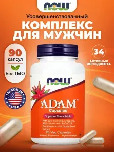 NOW Adam Men's, Мультивитамины для мужчин, 90 растительных капсул, Витамины для иммунитета, для здоровья простаты, от усталости