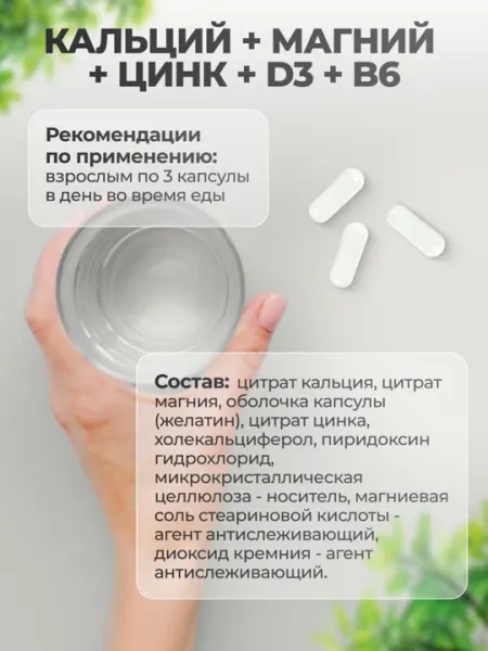 Кальций, Магний, Цинк, витамин Д3 + B6, VitaMeal, 90 капсул