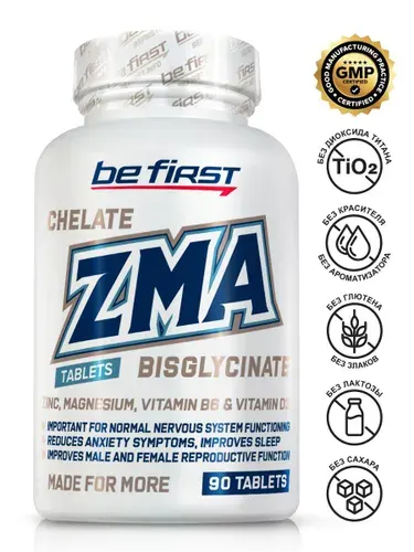 Комплекс ЗМА бисглицинат хелат (цинк, магний) + витамин Д3 Be First ZMA Bisglycinate Chelate + vitamin D3, 90 таблеток