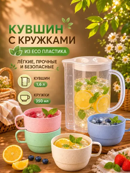 Кувшин для воды пластиковый с кружками для пикника 1600мл