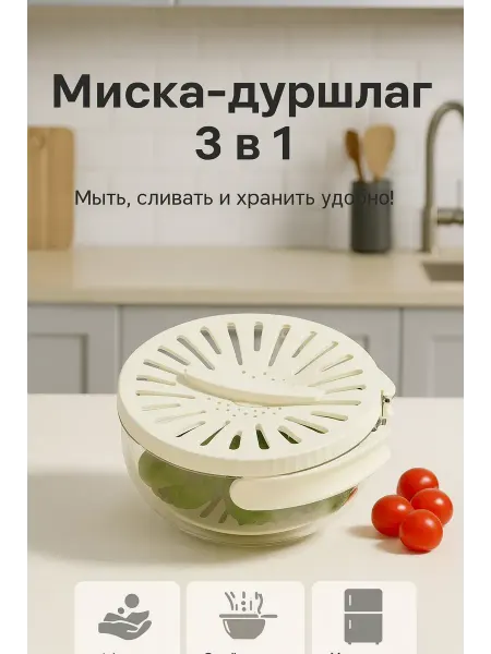 ОФ01 Миска-дуршлаг 3 в 1 универсальная кухонная с крышкой