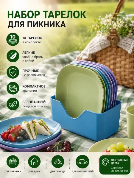 Забирайка Тарелки пластиковые с подставкой многоразовые набор 10 шт