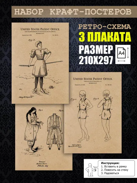 Нет бренда Постер ретро Купальные костюмы ретро, А4 (21х29) 3 шт