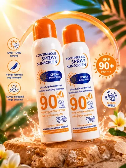 Солнцезащитный спрей SPF 90+, непрерывный спрей, с коллагеном, водостойкий