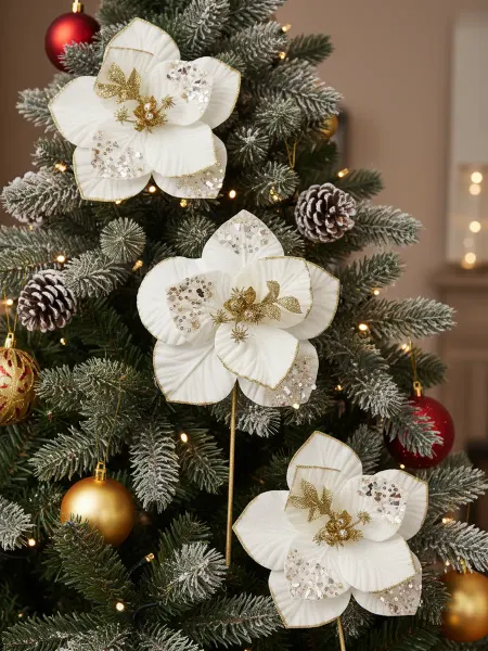 MERRY GREEN Цветы искусственные декоративные новогодние, НАБОР 3шт