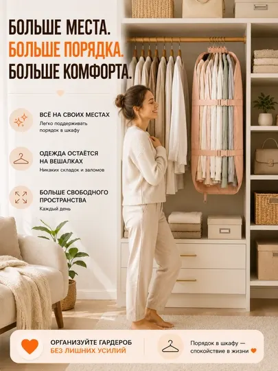 Вертикальный компрессионный чехол для одежды на вешалках 90×58 см органайзер для шкафа