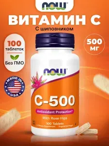 NOW С-500 with Rose Hips, Витамин С и Шиповник, 100 капсул, Витамины для кожи, костей и суставов, для иммунитета взрослым, антиоксидант, детокс
