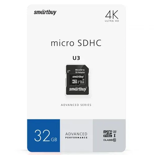 Карта памяти скоростная MicroSDHC 32 Gb SmartBuy class 10 Advanced 90/55 Mb/s U3 V30 A1 (SB32GBSDU1A-AD)