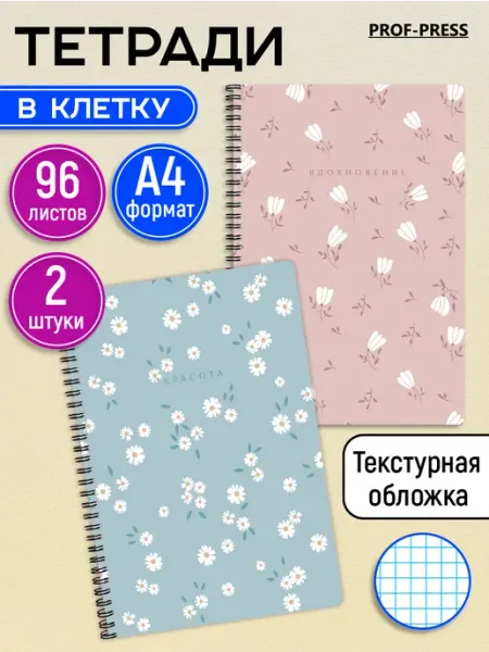 Prof-Press Тетрадь А4 в клетку 96 листов на пружине 2 штуки