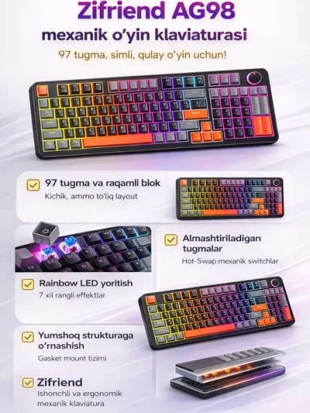 Механическая игровая клавиатура Zifriend AG98, 98 клавиш