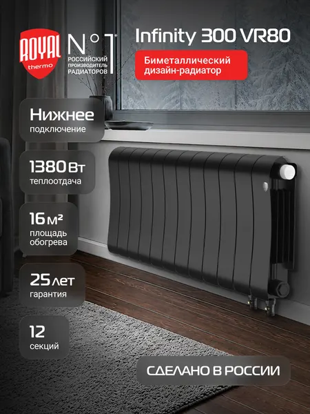 БиМеталлический радиатор Royal Thermo Infinity Noir Sable 300 VR80 12 секций с нижним правым подключением