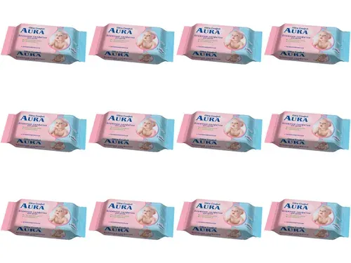 AURA Ultra Comfort Влажные салфетки для детей с АЛОЭ и ВИТАМИНОМ Е, 100шт с крышкой/уп, 12 уп