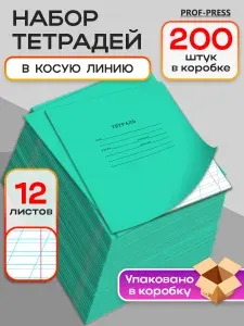 Тетрадь А5 12 листов в косую линейку Prof-Press, набор 200 штук