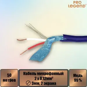 Кабель микрофонный 2х0,12мм , 3мм, 2 экрана, черный, 50м