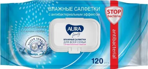 Влажные салфетки антибактериальные Aura (Аура) для всей семьи, 120шт х 1уп
