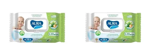 Aura Влажные салфетки Ultra Comfort, с экстрактом Алоэ и витамином Е, детские, 120 шт, 2 уп.