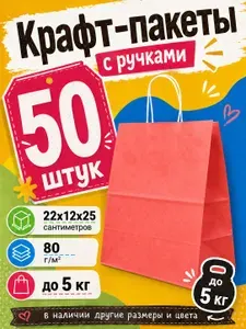 Крафт пакеты бумажные подарочные с ручками маленькие красные для хранения продуктов, хлеба и овощей, еды и бутербродов, кофе, завтрака и выпечки, подарка, пельменей 22x12x25 см набор 10 штук шт