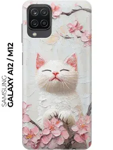 Силиконовый чехол на Samsung Galaxy A12 / M12 с принтом "Белый котик и сакура"