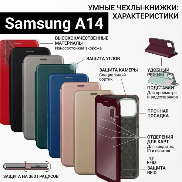Чехол-книжка для Samsung Galaxy A14 с карманом для банковских карт, с функцией подставки, бордовый