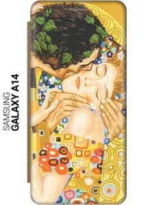 Чехол-книжка на Samsung Galaxy A14 / Самсунг А14 c принтом "Поцелуй" золотистый