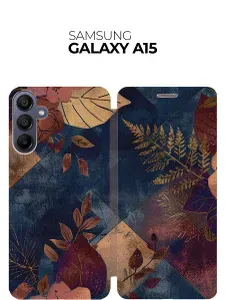 Чехол-книжка на Samsung Galaxy A15 с принтом "Ромбовидная осень" золотой