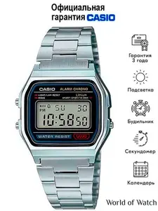 Электронные мужские наручные часы Casio Vintage A158WA-1 с подсветкой и будильником