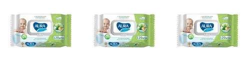Aura Влажные салфетки для детей Ultra Comfort с алоэ и витамином Е, 120 штук в упаковке, 3 уп/