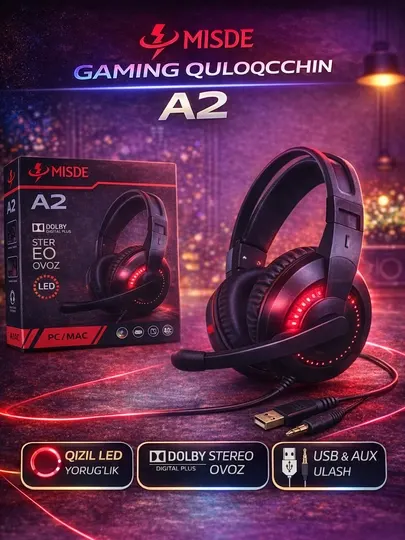 Игровые наушники MISDE A2, стерео звук, микрофон, красная LED подсветка, USB AUX