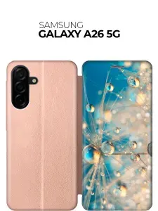 Чехол-книжка на Samsung Galaxy A26 с принтом "Одуванчик в капельках" золотой