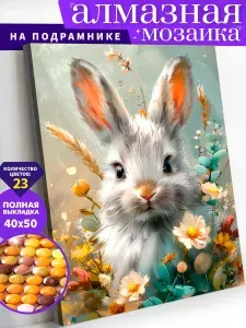 Алмазная мозаика холст на подрамнике 40х50 "Кролик в цветах" / Картина алмазная стразами