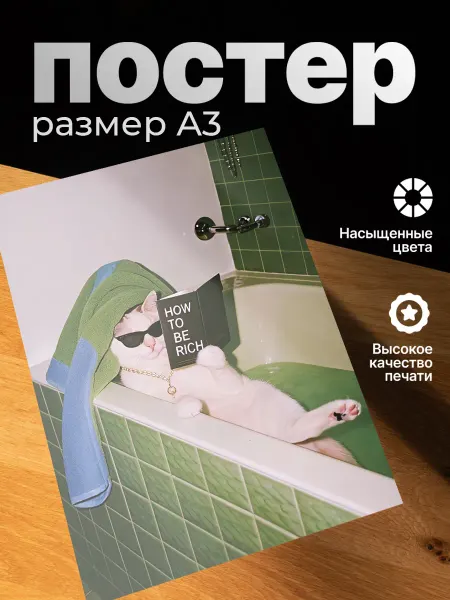 Zekeks Плакат на стену стильный A3 без рамки Кот в ванной