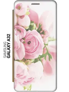 Чехол-книжка на Samsung Galaxy A32 / Самсунг А32 c принтом "Розовые розы" золотистый