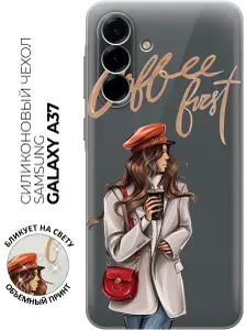 Силиконовый чехол на Samsung Galaxy A37 с принтом "Сначала кофе" прозрачный