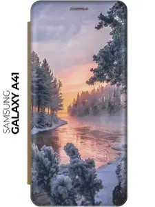 Чехол-книжка Река в заснеженном лесу на Samsung Galaxy A41 / Самсунг А41 золотой