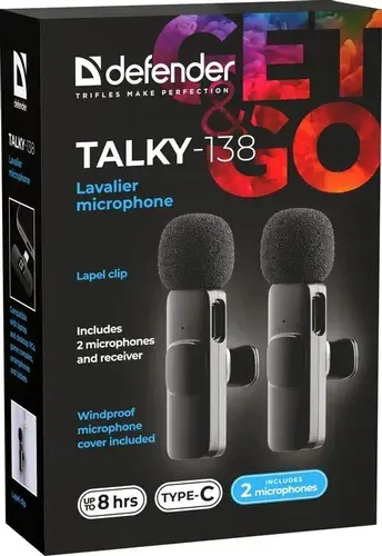 Микрофон Defender петличный, Talky-138 wrls, черный, на прищепке, 2шт (64138)