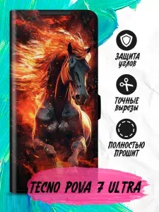 Чехол-книжка для Tecno Pova 7 Ultra (Техно Пова 7 Ультра) черный, с принтом