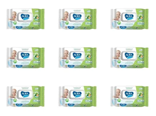AURA Ultra Comfort Влажные салфетки для детей, с алоэ и витамином Е, 120 штук в упаковке, 9 уп/