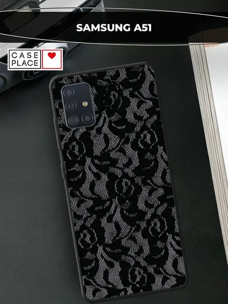 Черный матовый чехол на Samsung Galaxy A51 / Самсунг Гэлакси А51 с принтом Черные кружева цветов