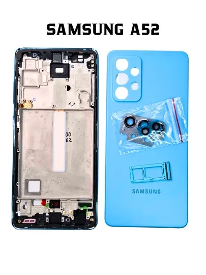 Комплект для сборки корпуса Samsung A52: рамка, задняя крышка, защитное стекло камеры и лоток для кабелей