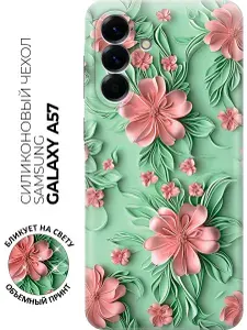 Силиконовый чехол на Samsung Galaxy A57 с принтом "Розовые цветы на мятном фоне"