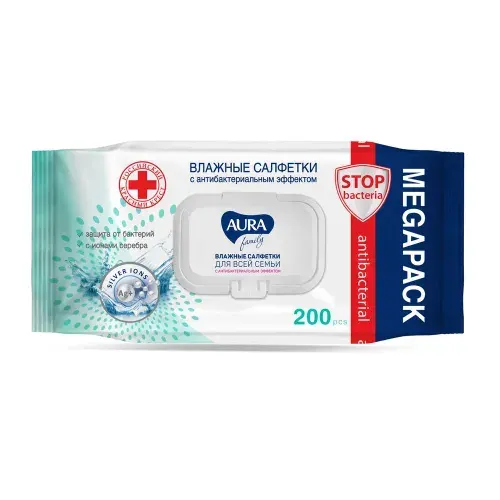 Влажные салфетки AURA Ultra Comfort 200 шт с антибактериальным эффектом