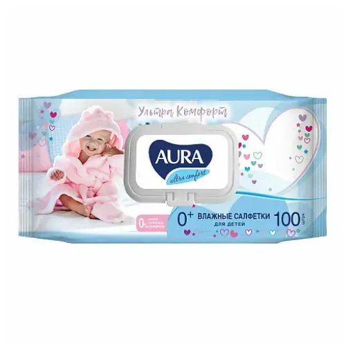 Aura Влажные салфетки Ultra Comfort для детей, с крышкой, 100 штук в упаковке