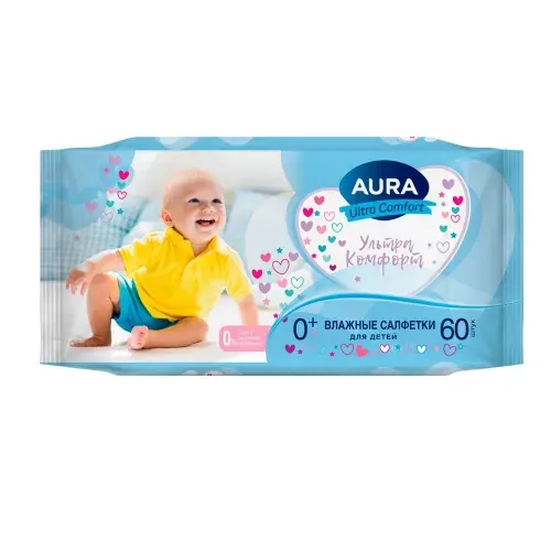 Aura Влажные салфетки Ultra Comfort для детей, натуральные экстракты, 60 штук в упаковке