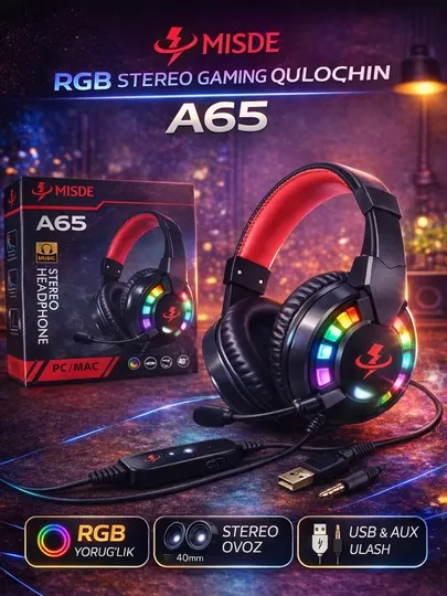 Игровые наушники MISDE A65 RGB, стерео звук, микрофон, USB и AUX для ПК